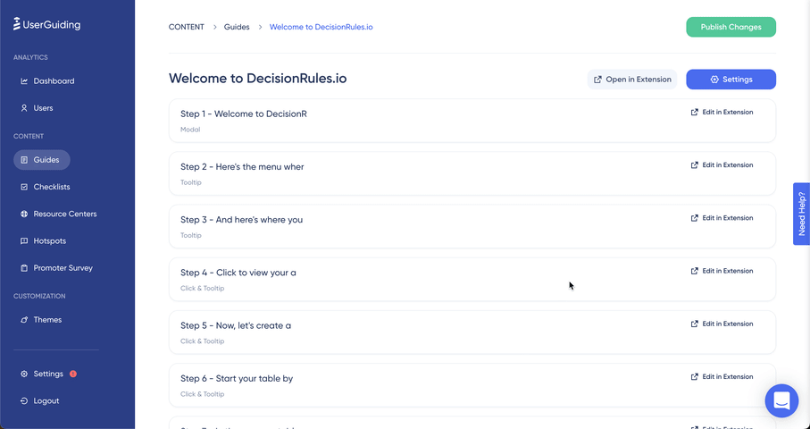 configurações de onboarding da userguiding