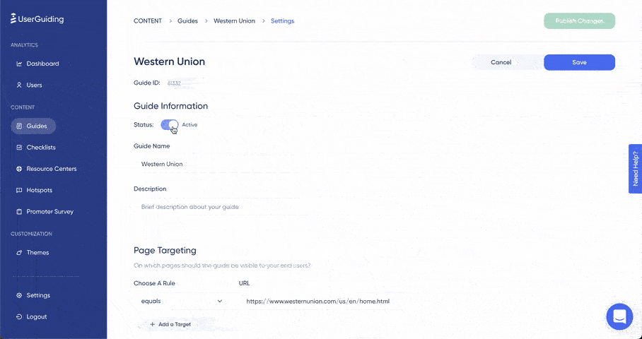 userguiding panel settings for banking digital onboarding