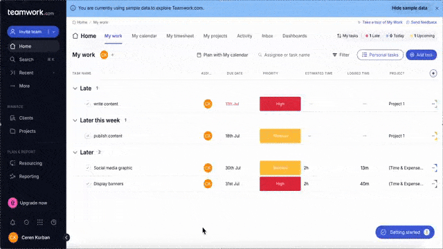 Teamwork’s opt-in walkthrough with slideout modals and tooltips for My Work page.