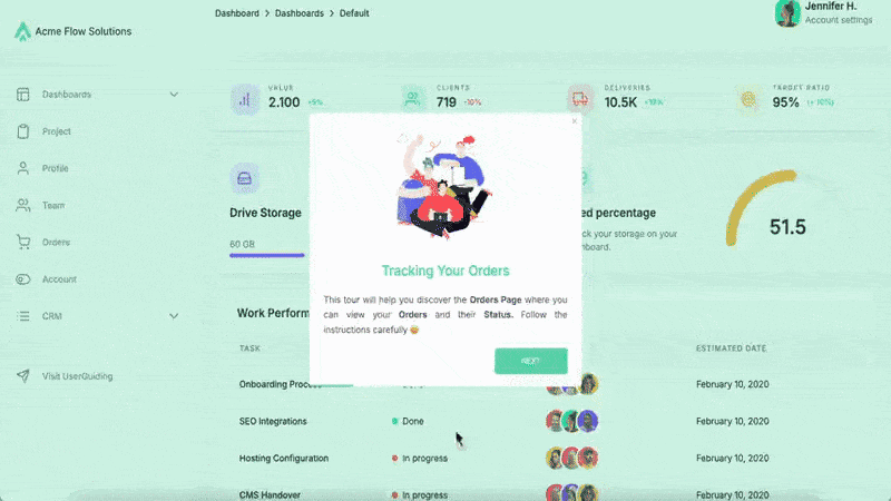Um exemplo de tour de painel criado com a UserGuiding