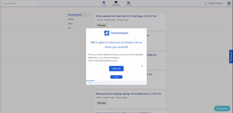 Guia interativo da CitizenShipper que analisa detalhes de postagem de remessa