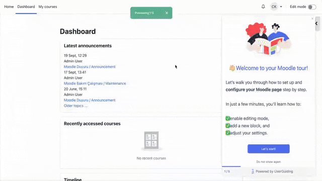 Um tutorial interativo de exemplo que explica como usar o Moodle, criado com a UserGuiding.