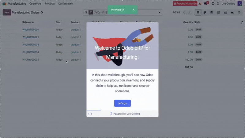 An interactive guide explaining how to create a new order with a manufacturing tool.