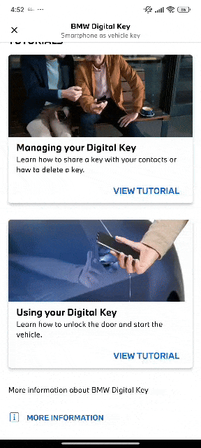 Tutorial no aplicativo para o recurso Digital Key da BMW