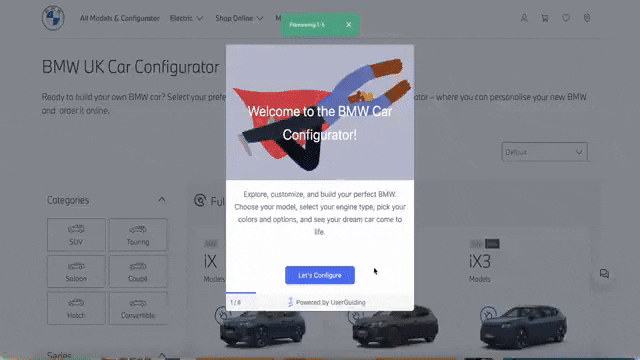 Um exemplo de guia interativo que explica como configurar e customizar um carro BMW, criado com a UserGuiding