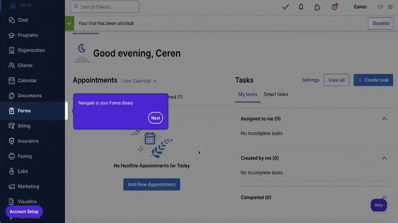 An example interactive tutorial from Healthie’s onboarding.