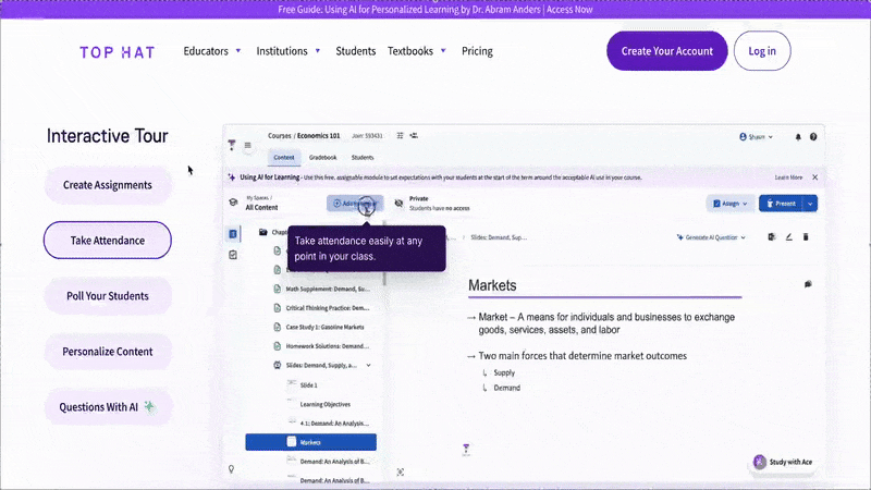 An example pre-recorded interactive product tour of Top Hat.